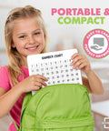 Child holding Double-Sided Dry Erase Math Board For Kids With Bar Model, Ten Frame, Number Line, And 1 To 120 Chart.