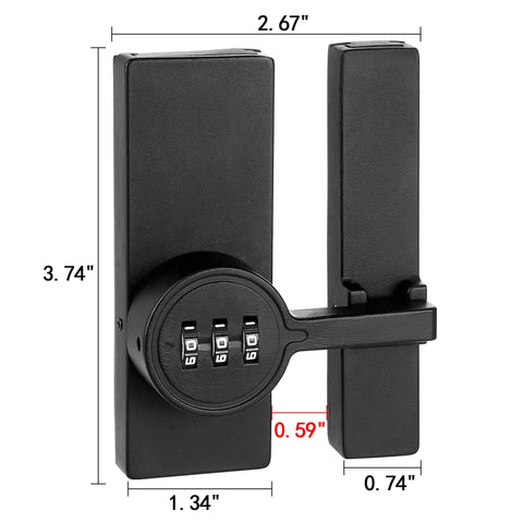 Front view of 180 Degree Barn Door Lock With 3 Digit Keyless Password, Mechanical Lock, black metal, measurements shown