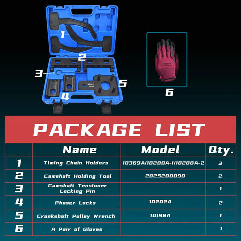 Camshaft Phaser Timing Chain Tool For 3.6L Pentastar V6 Engines kit with blue case and gloves, items labeled and listed.