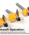 Close-up of three router bits from 15 Pcs Router Bit Set With 1 Quarter Inch Shank High Carbide Router Bits Kit In Sturdy Wooden Box