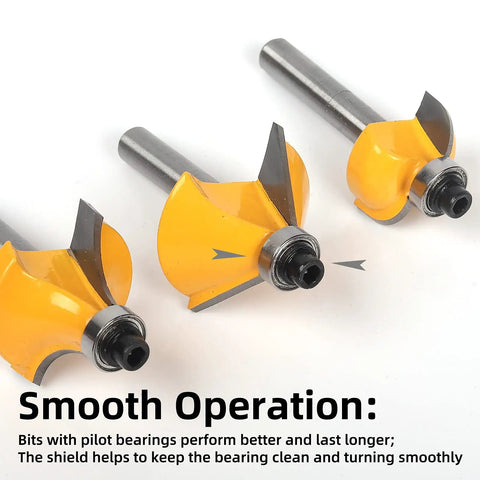 Close-up of three router bits from 15 Pcs Router Bit Set With 1 Quarter Inch Shank High Carbide Router Bits Kit In Sturdy Wooden Box