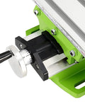 Close-up of 12.2 Inch Mini Milling Machine Worktable With Compound Drilling Slide Table showing the adjustable dial and green base.