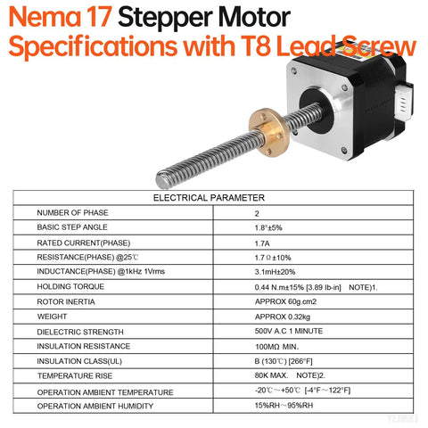 Three Pack Nema 17 Stepper Motors With 100mm TR8x8 Lead Screws For 3D Printers And CNC DIY Electrical Specs Table