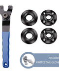 Grinder Wrench Set 5/8-11 Nuts Fits 4.5 5 7 Inch Grinders Makita DeWalt with wrench, nuts, and protective gloves