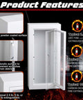 White Steel Fire Extinguisher Cabinet For Indoor And Outdoor Use Wall Or Surface Mount 27.38 In High, 13.88 In Wide, 6.50 In Deep Holds 10 Lb Extinguisher Built Tough Frame With Handy Handle product features