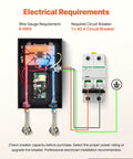 Electrical requirements for 8KW Tankless Electric Water Heater 240V Instant Hot Water System with circuit breaker and wire details.