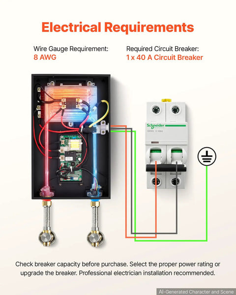 Electrical requirements for 8KW Tankless Electric Water Heater 240V Instant Hot Water System with circuit breaker and wire details.