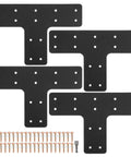 Real Deal T Shaped Post Brackets For Wood With Flat Steel Mending Plates set of four black steel brackets and screws on white background.