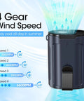 Image of Wearable Belt Fan With 4 Speeds And Long Battery Life showing 4-speed settings and airflow visualization in blue.