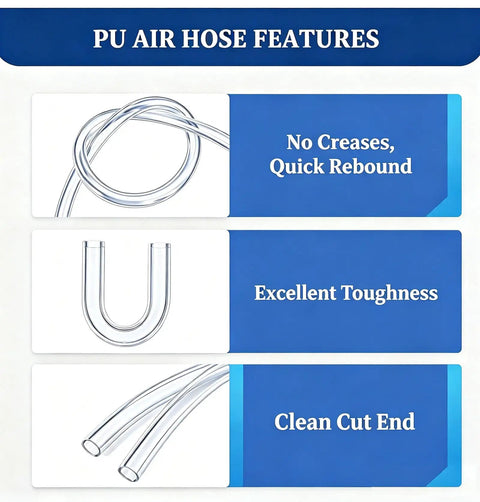 Features of Badass Transparent Polyurethane Air Hose With Serious Flex Game including U-shape, quick rebound, and clean cut end.