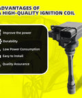Image showing advantages of a high-quality ignition coil, focusing on durability and power, part of Ignition Coil Kit With Four Iridium Spark Plugs And Wire Set For Chrysler Sebring Dodge Stratus Mitsubishi Eclipse Galant Lancer Mirage Outlander L4 Engines UF295 MD362907 Fits Your Ride Two Coils And Plugs.