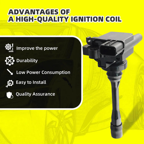 Image showing advantages of a high-quality ignition coil, focusing on durability and power, part of Ignition Coil Kit With Four Iridium Spark Plugs And Wire Set For Chrysler Sebring Dodge Stratus Mitsubishi Eclipse Galant Lancer Mirage Outlander L4 Engines UF295 MD362907 Fits Your Ride Two Coils And Plugs.