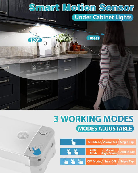 Motion Sensor Cabinet Light With 30 LED Dimmer Under Counter Closet Lighting Battery Powered Wireless USB Magnetic Night Lights For Kitchen Wardrobe Closet Cupboard 3 Pack demonstrating motion detection feature