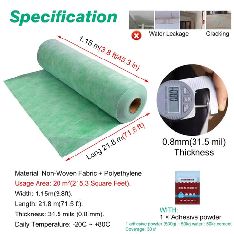 Heavy Duty Waterproof Membrane Roll For Indoor Outdoor Projects Built To Last Flexible Diy Water Barrier For Basement Shower Roof No Sweat Prep Straight Up Tough Underlayment Solution, 31.5 mil thick, 21.8 m long, 1.15 m wide.