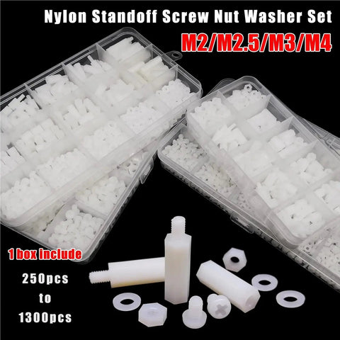 Four Box Hex Spacer Kit M2 0.5 M3 M4 Non Conductive White Nylon Insulated Hex Standoffs For Drones Quadcopters And PCBs Spacer Column Screws Nuts Washers Assortment 445 Pieces, assorted white nylon standoffs in organizer