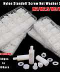 Four Box White Nylon Insulated M2.5 M3 M4 Hex Standoff Spacers Set With Screws Nuts Washers 850 Pcs Value Pack For Electronics And DIY Projects Easy To Use, box view
