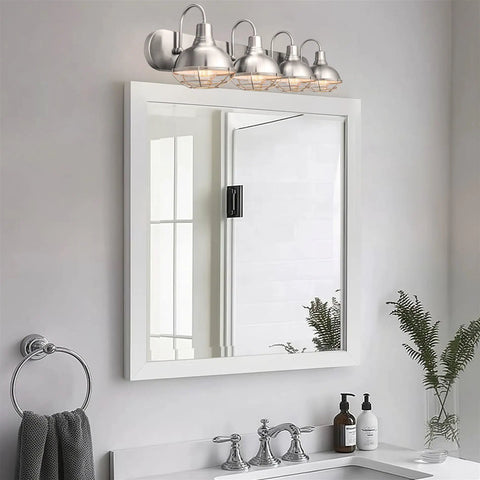 36-Inch 4-Light Modern Industrial Vanity Light With Metal Cage Shades In Brushed Nickel Finish for bath and powder room, rustic farmhouse vibe.