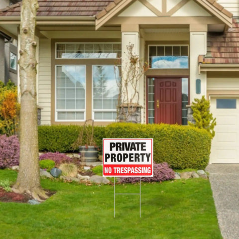 Private Property No Trespassing Signs 2 Pack With Metal H Stakes 12x9 Inch Corrugated Plastic Double Sided Yard Sign in front of house