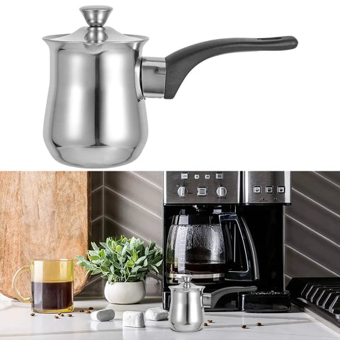 6 Ounce Turkish Coffee Pot With Lid Stainless Steel Saucepan Coffee Maker Mini Butter Melter For Stove Top on counter.