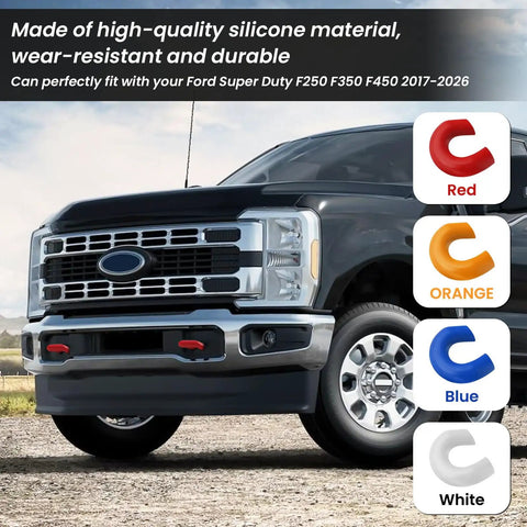 Red Tow Hook Covers for Ford Super Duty F250 F350 F450 2017 2026 Hitch Cover Set in front bumper view with color options