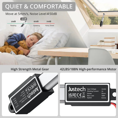 Mini Linear Actuator 12V IP54 Waterproof 42 Lbs 188N Stroke 1.2 In 30 Mm 5 Mm Per Sec Speed Ultra Compact 85 Mm Install Length to 115 Mm Max Extended 4.5 In for DIY Projects mounted on skylight window