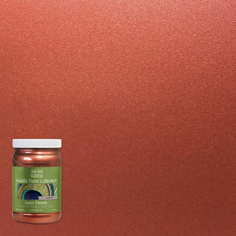 Copper Metallic Satin Interior Paint Dope Finish, Water Based, Low VOC, Intermixable, jar and painted surface