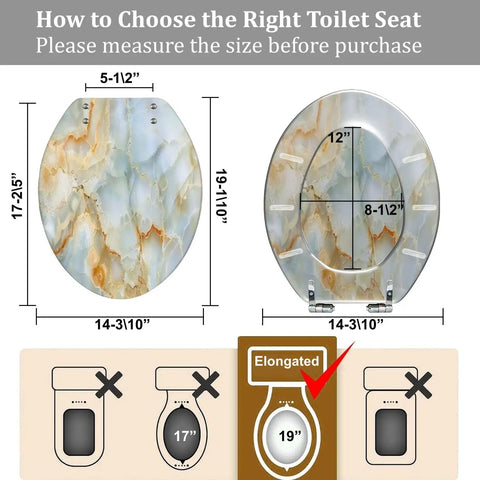 Elongated Toilet Seat for Bathroom dimensions showing sizes 14.3" x 19.1" and 17.2" x 12" for accurate fitting.