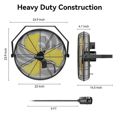Heavy Duty 5400 CFM 20-Inch Outdoor Wall Mount Fan With High Velocity Air, 3 Speed Settings, Waterproof Design, UL Listed