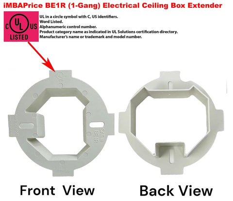 Front and back view of Ceiling Box Extender Kit 1 Pack Extends 3.5 Inch And 4 Inch Round Or Octagonal Electrical Boxes Up To 1.5 Inch UL Listed Plastic Ceiling Outlet Box Extension Ring.