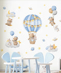 Blue Hot Air Balloon Wall Stickers With Cute Cartoon Bear And Rabbit, Stars And Planets Peel And Stick Decals on kids' room wall