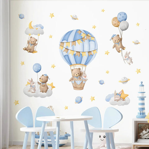 Blue Hot Air Balloon Wall Stickers With Cute Cartoon Bear And Rabbit, Stars And Planets Peel And Stick Decals on kids' room wall