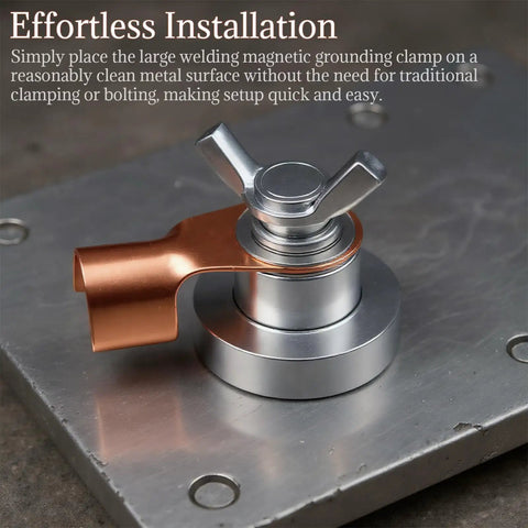Two Pack Magnetic Grounding Clamp with Heavy Duty Suction Magnet Head on metal surface, close-up image during use.