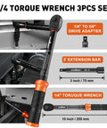 Quarter Inch Torque Wrench Set With 20 To 240 In-Lb Range, Three Inch Extension Bar, One Quarter To Three Eighths Inch Adapter, Cr-V Pro-Grade Inch-Pound Wrenches For Bike Motorcycle And Small Engine Repair shown with 1/4-inch wrench, adapter, and 3-inch extension