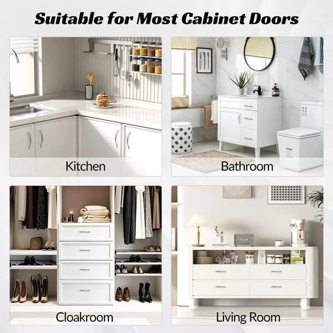 Stainless Steel Cabinet Pulls With Brushed Silver Finish, Modern Arch Handles in kitchen, bathroom, cloakroom, and living room settings.