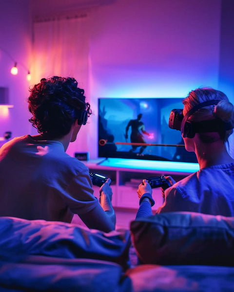 Gamers in a room illuminated by Color Changing LED Strip Light Kit With Three Dope Pre Cut 12 Inch Segments 36 Inches Total Flexible 5050 LED Lights.
