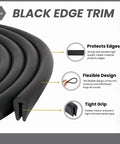 Black EPDM U Channel Edge Trim Seal, 0.46875 Inch High By 0.296875 Inch Wide, Flexible Weather Stripping With Internal Metal Clips For A Tight Grip, Fits 1mm To 2mm Material, 20 Feet, shown coiled with features