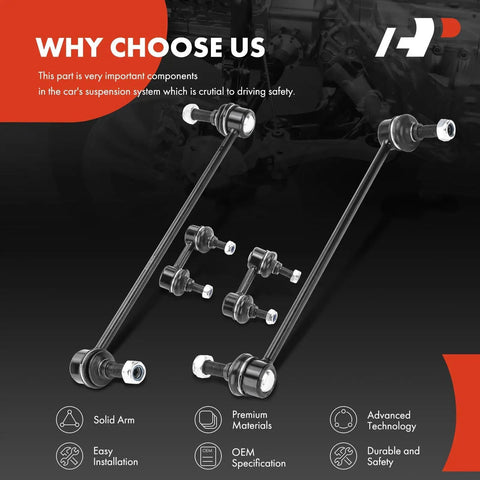 Beefed Up Set Of Four Front And Rear Sway Bar End Links Kit Stabilizer Links For Nissan Altima 2013 Through 2018 And Maxima 2016 Through 2018 Replacement Upgrade in black steel on display with product features highlighted in the background.