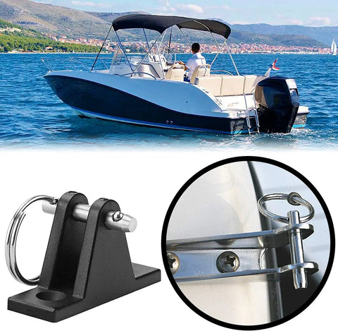 Four Pack Quick Release Pins for Marine Hardware Quarter Inch Diameter on a boat with bimini top, deck hinge attachment