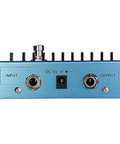 Back view of blue 10 Band EQ Pedal For Electric Guitar And Bass With Independent Per Band Gain, showing input, output, and DC port.