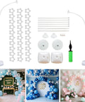 Balloon arch stand kit – white bases and two curved poles; includes rods, connectors, discs, and pump (no balloons).