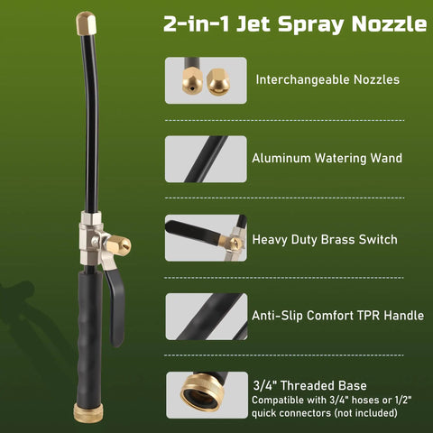 Go-To Two Pack High Pressure Hose Nozzle Set With Jet And Fan Spray Tips, features shown with aluminum wand and brass switch.