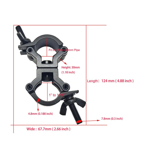 Two Pack 1 To 1.18 Inch Truss Dual Swivel Coupler Clamps For Stage DJ Lighting, Heavy Duty Aluminum 6061, 360 Degree Rotation, Wraparound Design, Fits 25 To 30mm Truss Tubing, Max Load 110lbs, TUV Certified. Dimensional view of truss clamp for 25-30mm pipe