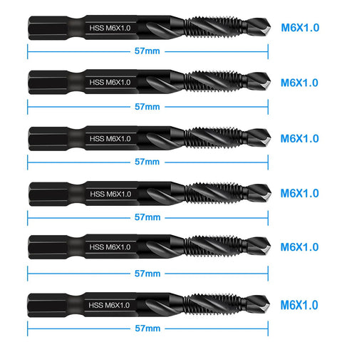 Six Pack M6 Drill Tap Bit Set With One Quarter Inch Hex Shank Combines Drilling And Tapping In One Step showing six bits