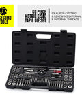 Pro Grade 60 Piece Metric And SAE Threading Tap And Die Tool Set For Precision Threads in black case with easy start tapered teeth