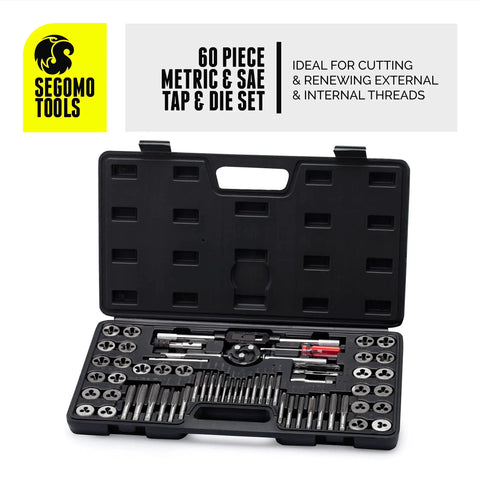 Pro Grade 60 Piece Metric And SAE Threading Tap And Die Tool Set For Precision Threads in black case with easy start tapered teeth