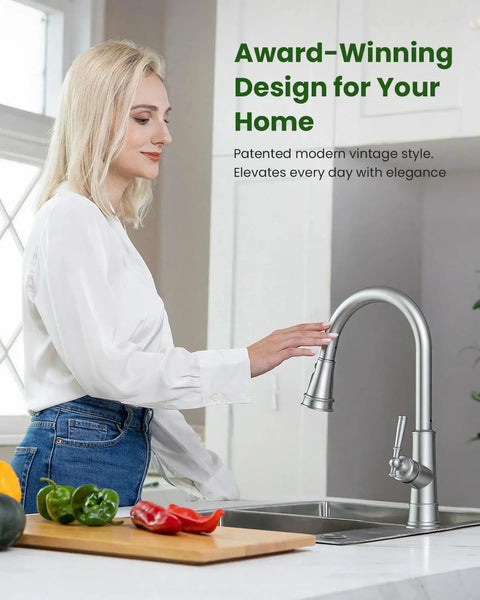 Woman using Pull Down Kitchen Faucet With Sprayer, Lead Free, High Arc, Single Handle, Brushed Nickel Finish, Single Hole Mount