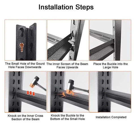 Installation steps for Heavy Duty 5 Tier Steel Shelving Unit With A Slick Boltless Setup, showcasing assembly process.