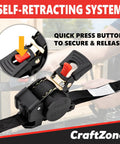 Heavy Duty Retractable Ratchet Tie Down Straps One Inch Wide By Twelve Feet Long featuring smooth auto rewind mechanism and secure release button.