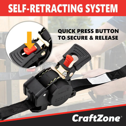 Heavy Duty Retractable Ratchet Tie Down Straps One Inch Wide By Twelve Feet Long featuring smooth auto rewind mechanism and secure release button.