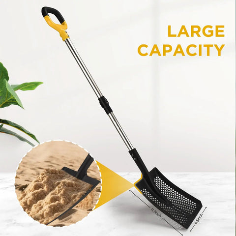 Long Lightweight Beach Sand Sifting Shovel With Ten Millimeter Holes for shells and glass, 48-inch, rust-proof steel, large capacity.
